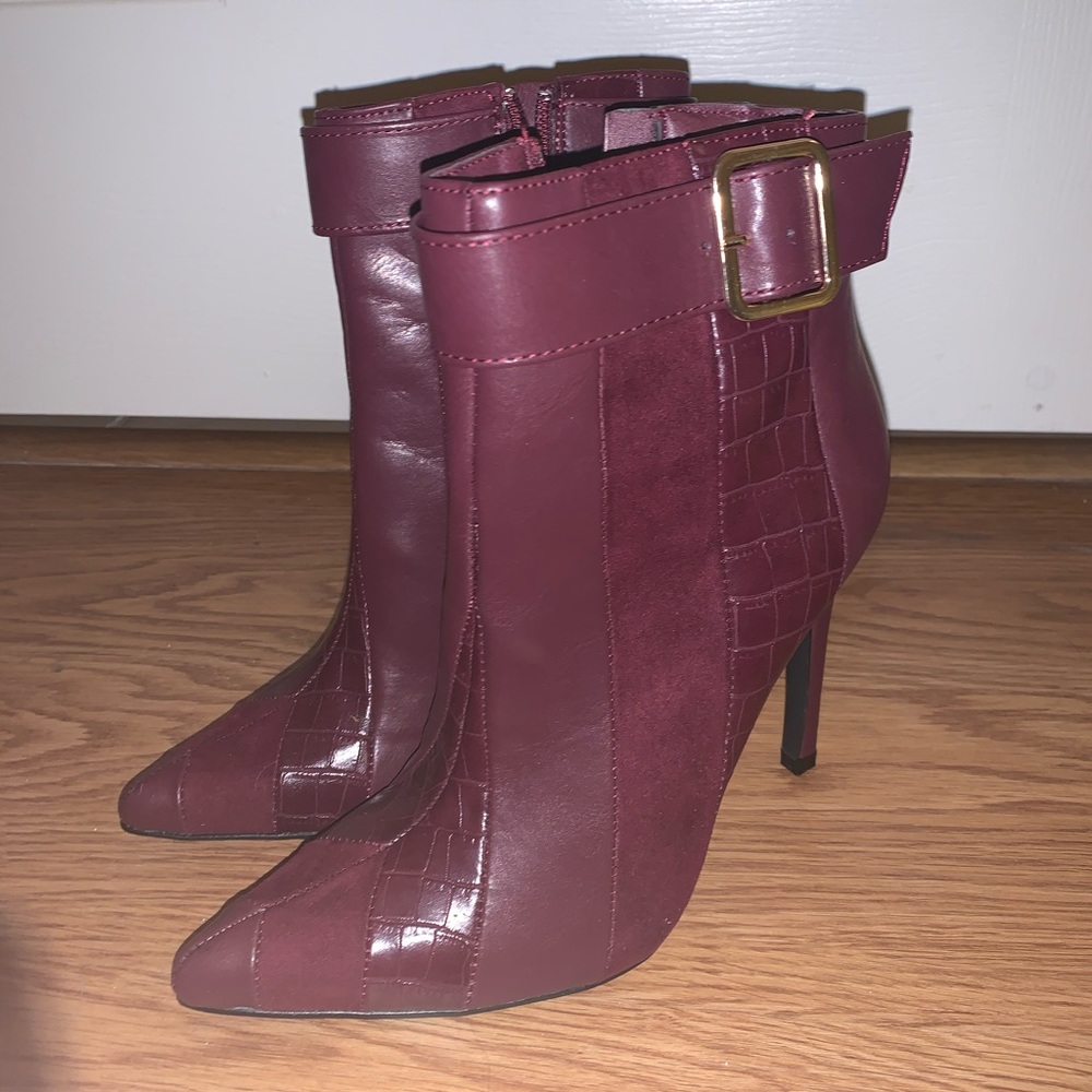 Maroon multi-texture panelled stiletto ankle boot